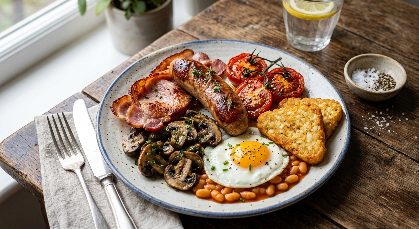 Air-Fryer Fry-Up with Sausages, Bacon and Mushrooms