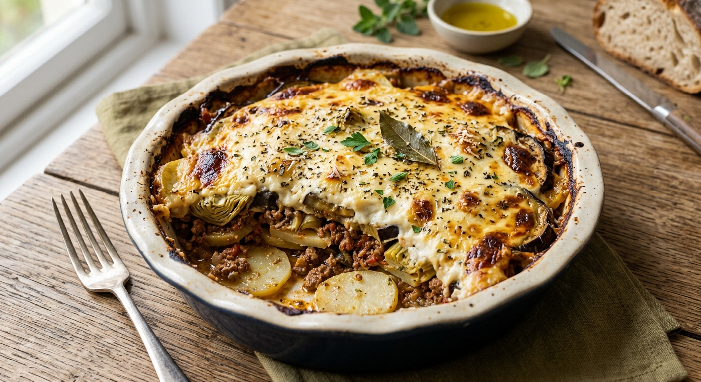 Artichoke, Aubergine & Lamb Moussaka