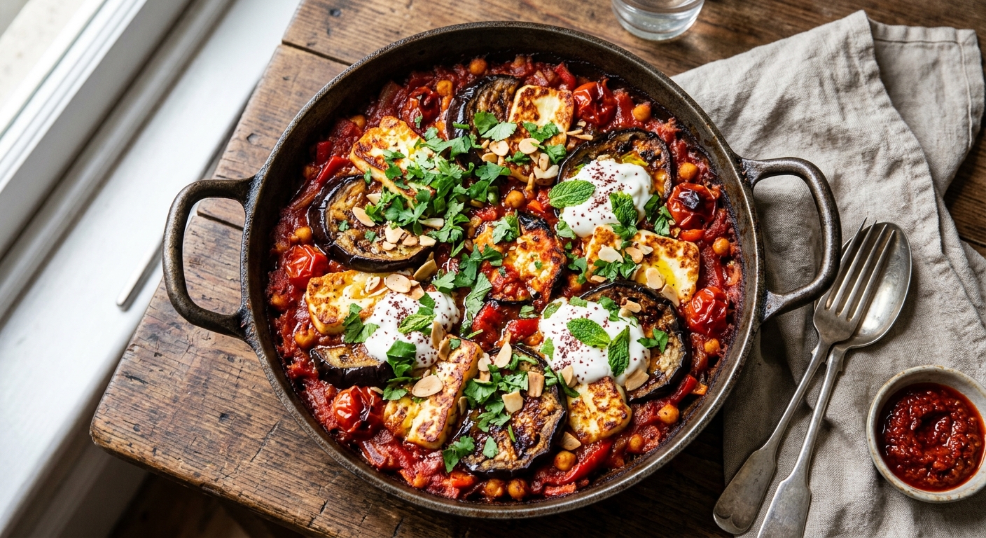 Aubergine, Halloumi & Harissa Skillet Bake