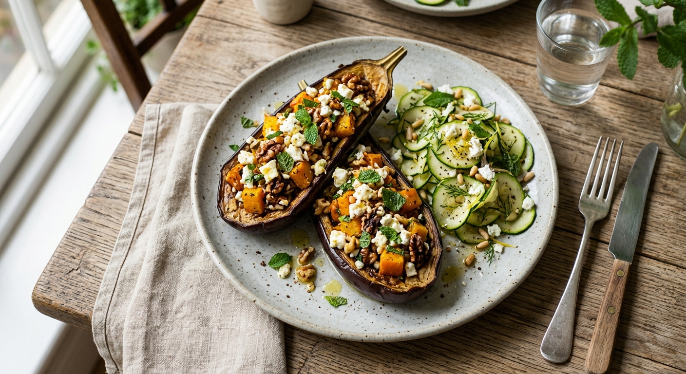 Baked Aubergine Stuffed with Roast Pumpkin, Feta & Walnut with Minted Courgettes