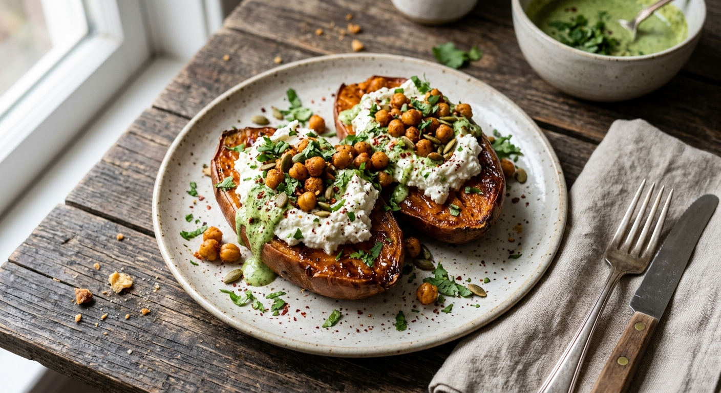 Baked Sweet Potatoes with Whipped Feta, Spiced Chickpeas & Green Tahini