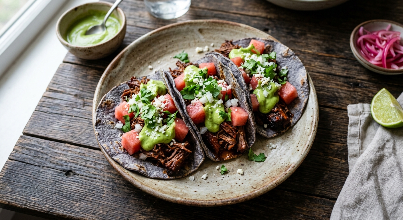 Barbacoa Beef Tacos with Pickled Watermelon and Avocado Sauce