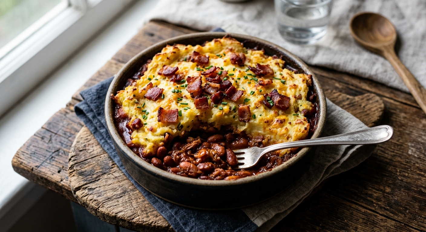 BBQ Beans with Mashed Potato Tops