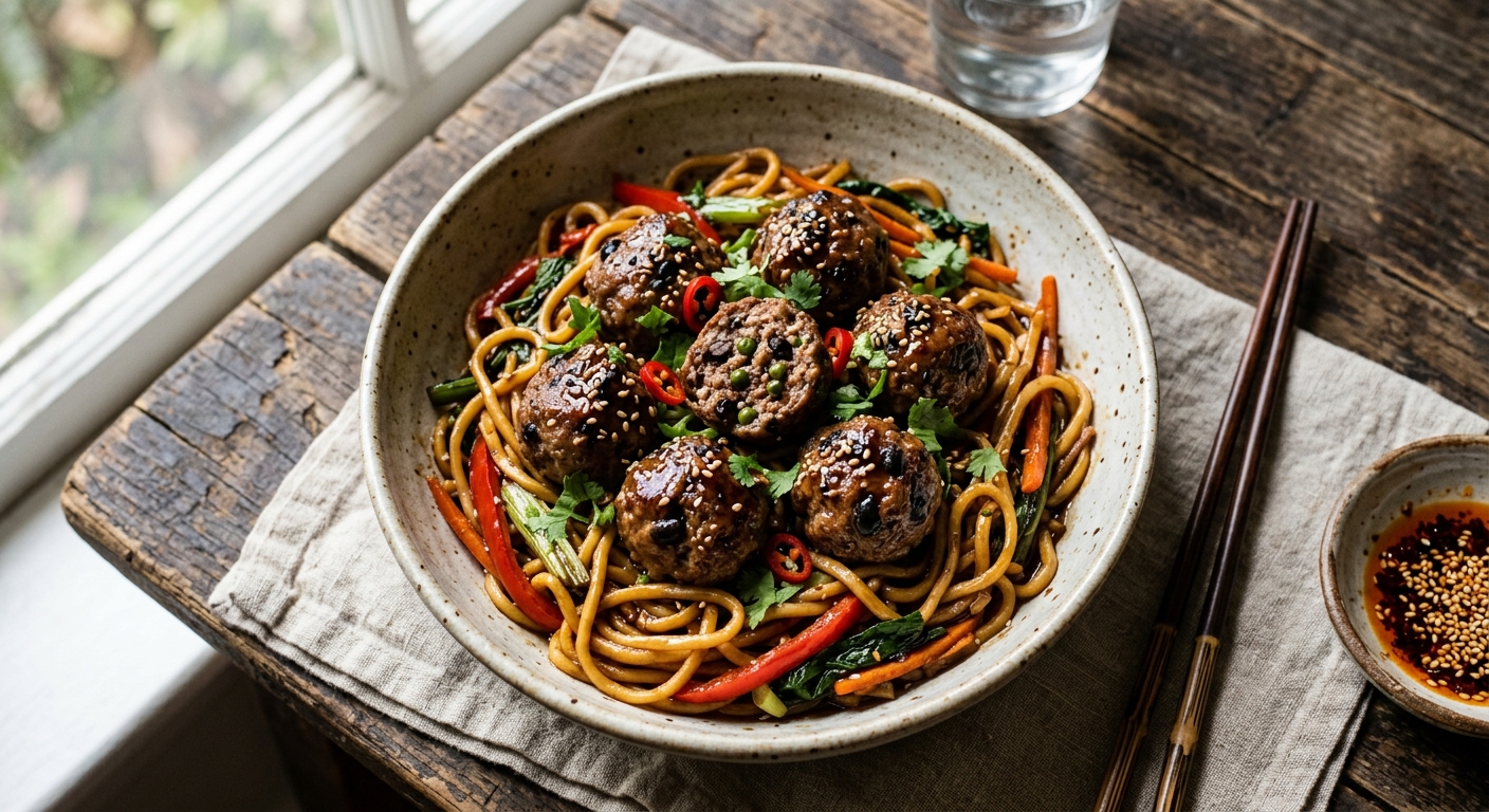 Black Bean Beef Meatballs with Stir-Fried Noodles