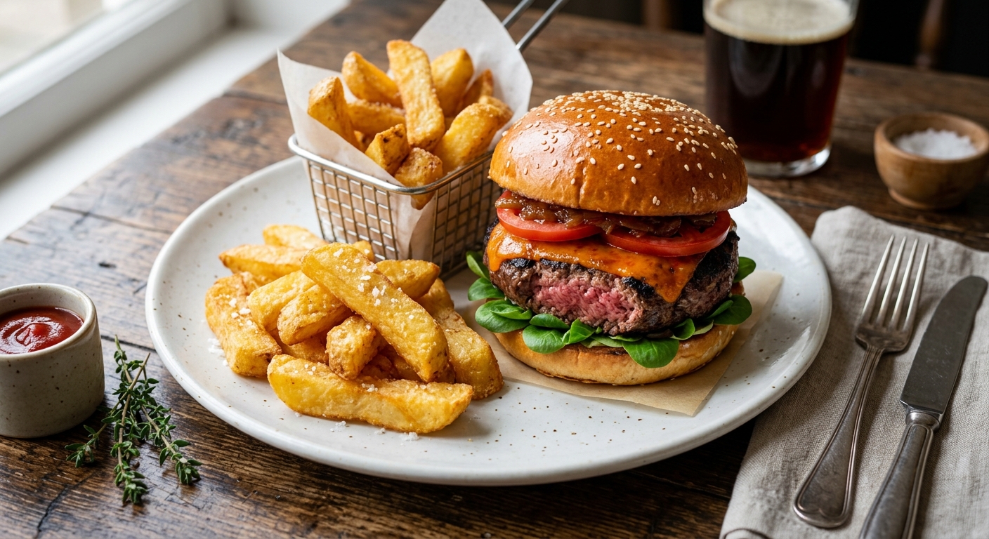 Triple-Cooked Chips and Juicy Beef Burgers